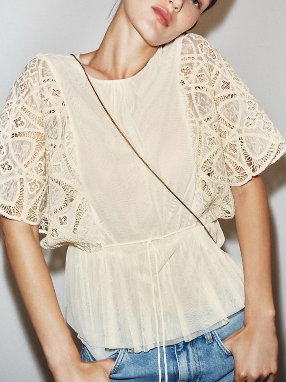 Zara Cream Crochet Lace Sleeve Top - Picture 2 of 13